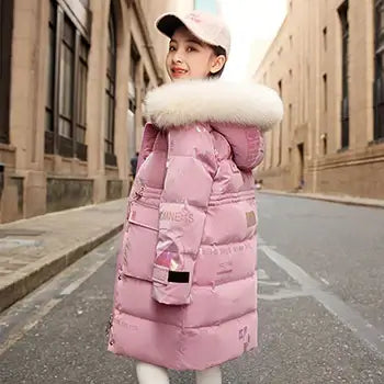6 8 10 12 14 Years Girls Down Jacket Winter Keep Warm Long Style Parka Hooded Zipper Fur Collar Girls Outerwear New Kids Clothes