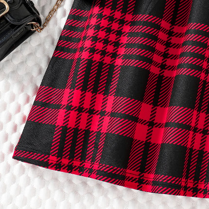 Spring & Autumn Kids Cute Fashion dress Girls Casual Solid color round neck wing sleeve shirt Red plaid skirt ceremonial dress s