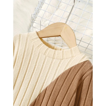 Kids Girls Knitted Dress Patchwork Long Sleeved Dress with Belt Fashion Elegant Casual Party Clothes For Children 4-7 Years