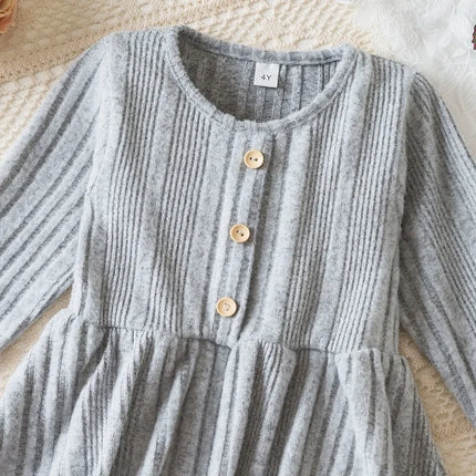 Baby Girl Button Front Solid Rib Knit Long-sleeve Dress Soft and Comfortable Perfect for Outings Daily Casual Wear Kids Clothes