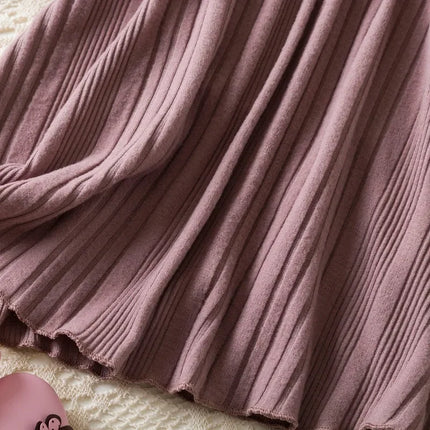 Baby Girl Button Front Solid Rib Knit Long-sleeve Dress Soft and Comfortable Perfect for Outings Daily Casual Wear Kids Clothes