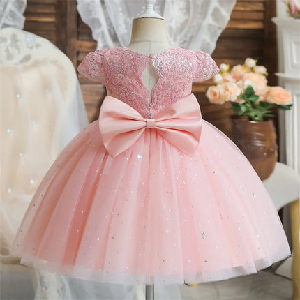 Baby Girls Dresses for 1st Birthday Party Backless Embroidery Elegant Big Bow Wedding Tutu Gown Girls Pink Formal Gala Costume