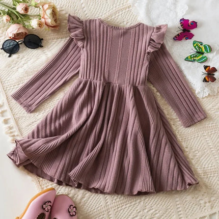 Baby Girl Button Front Solid Rib Knit Long-sleeve Dress Soft and Comfortable Perfect for Outings Daily Casual Wear Kids Clothes