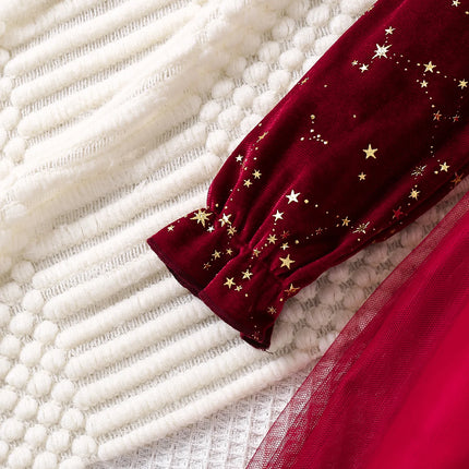 Toddler Girl Party Dress Autumn Winter 1-8 Years Children Christmas And New Year Princess Dress Red Velvet Gown Stars Mesh Dress