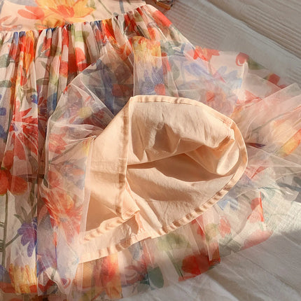 2025 Summer Kids Clothes Puff Sleeve Flower Print Dress For Girls Mesh Kids Dress for Girl