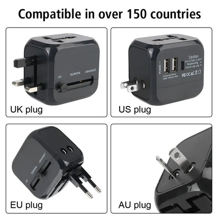 All-in-One Wall Travel Charger Adapter - US EU UK AU Plugs with 2 USB & 1 Type C, Universal for Travel