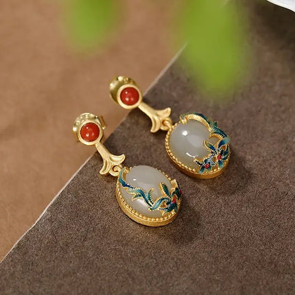 Gold Plated Cloisonne Jewelry Set Inlaid Hetian Jade Chinese Wind Vine Ladies Ring Earring Bracelet Pendant Necklace