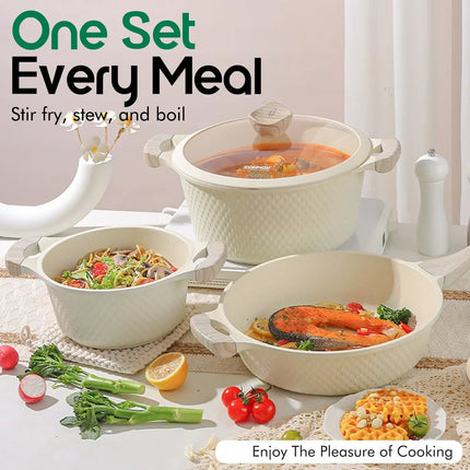 DONNOR 15-piece Pot Set, Non-stick Kitchen Cookware Set Non-stick, Granite Cooking Tools with Warm Handles Silicone Tools