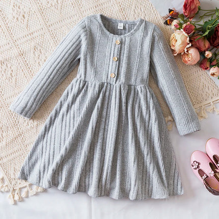 Baby Girl Button Front Solid Rib Knit Long-sleeve Dress Soft and Comfortable Perfect for Outings Daily Casual Wear Kids Clothes