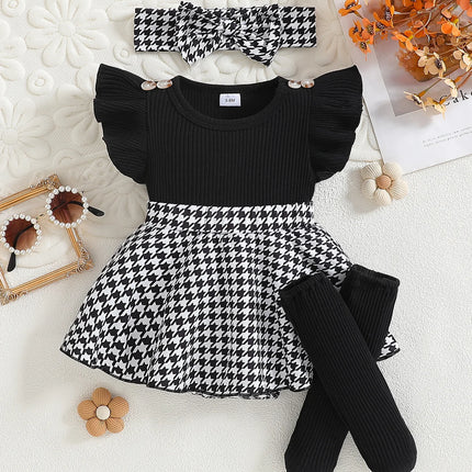 Baby girl's summer fashion cute herringbone plaid pattern round neck button decoration fly sleeve plaid skirt jumpsuit and black