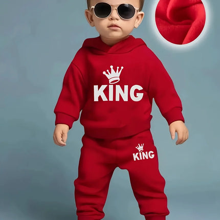 Baby Boy KING Crown Pattern Fleece Hoodie+Casual Pants Two Piece Set Spring and Autumn Sportswear