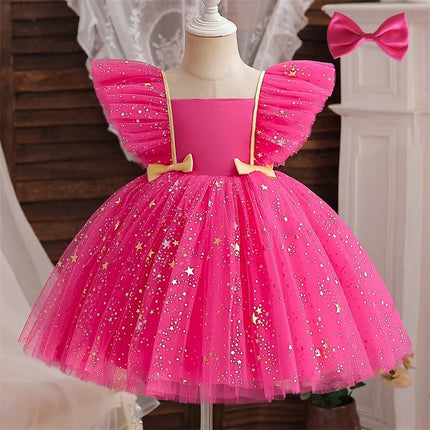 Baby Girls Dresses for 1st Birthday Party Backless Embroidery Elegant Big Bow Wedding Tutu Gown Girls Pink Formal Gala Costume
