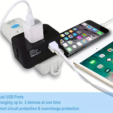 Universal AC power adapter with dual USB charging ports, universal travel plugs and sockets, EU-US AC power adapter