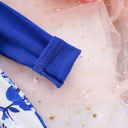 (6 Months -3 Years Old) Spring And Autumn New Blue Flower Baby Girl Dress, Chinese Retro Style Children'S Long Sleeve Clothes