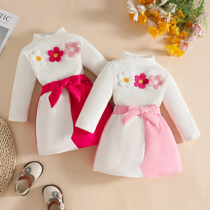 Baby Girl Outfit Set 0 - 3Y Baby Clothing Mock Neck Flower Applique Ribbed Top and Color Block Bow Skirt Cute Casual Party Wear