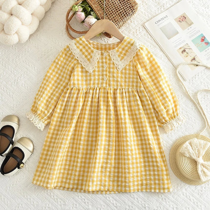 Autumn Girls Fashion Long Sleeve Turn-down Collar Checkered Printed Dress 1 Pc 3-7 Years Kids Casual Clothes