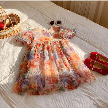 2025 Summer Kids Clothes Puff Sleeve Flower Print Dress For Girls Mesh Kids Dress for Girl