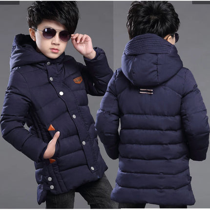 2025 New Winter Keep Warm Teenage Boys Jacket 5-14 Years Long Slim Fit Fashion Hooded Coat For Kids Children Outdoor Windbreaker