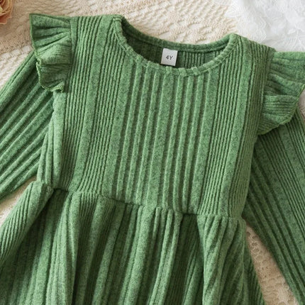 Baby Girl Button Front Solid Rib Knit Long-sleeve Dress Soft and Comfortable Perfect for Outings Daily Casual Wear Kids Clothes