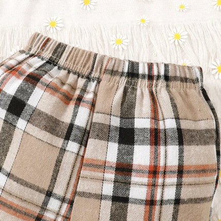 Baby Girl Slogan Graphic Ruffle Trim Bodysuit & Plaid Bow Front Flare Leg Pants & Headband