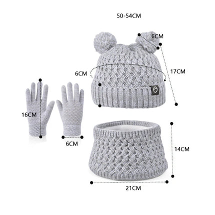 3Pcs Winter Kids Hat Set for Girls Boys Warm Knitted Children Beanie Scarf Gloves Fleece Lining Pompom Children Cap 4-10Y