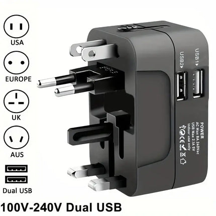 Universal AC power adapter with dual USB charging ports, universal travel plugs and sockets, EU-US AC power adapter
