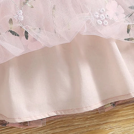 Baby Girl Pink Ribbed Long-Sleeve Bowknot Floral Embroidered Mesh Dress Perfect For Outings And Daily Wear
