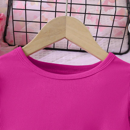 Autumn Girls' Casual And Fashionable Rose-Pink Butterfly Pattern Round-Neck Ruffled Long-Sleeved Dress