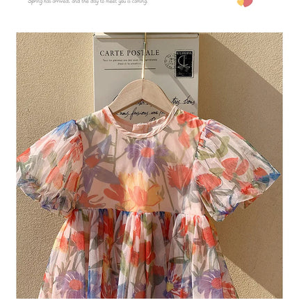 2025 Summer Kids Clothes Puff Sleeve Flower Print Dress For Girls Mesh Kids Dress for Girl