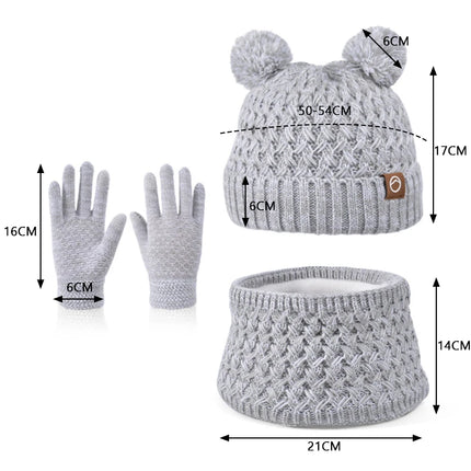 3Pcs Winter Kids Hat Set for Girls Boys Warm Knitted Children Beanie Scarf Gloves Fleece Lining Pompom Children Cap 4-10Y