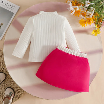 Baby Girl Outfit Set 0 - 3Y Baby Clothing Mock Neck Flower Applique Ribbed Top and Color Block Bow Skirt Cute Casual Party Wear