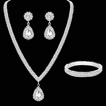 4 Pieces Luxurious Jewelry Set Exquisite Rhinestone Pendant Elegant Women's Crystal Silver Plated Necklace Earrings Bracelet Set