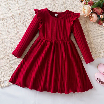 Baby Girl Button Front Solid Rib Knit Long-sleeve Dress Soft and Comfortable Perfect for Outings Daily Casual Wear Kids Clothes