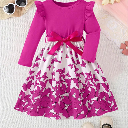 Autumn Girls' Casual And Fashionable Rose-Pink Butterfly Pattern Round-Neck Ruffled Long-Sleeved Dress
