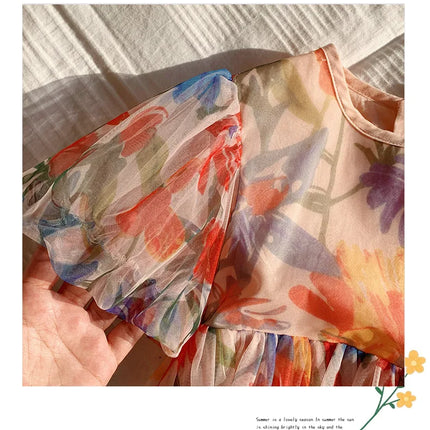 2025 Summer Kids Clothes Puff Sleeve Flower Print Dress For Girls Mesh Kids Dress for Girl