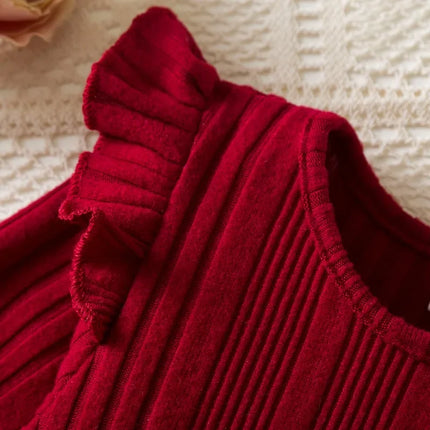 Baby Girl Button Front Solid Rib Knit Long-sleeve Dress Soft and Comfortable Perfect for Outings Daily Casual Wear Kids Clothes