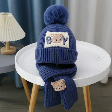2Pcs/Set Children's Hat and Scarf Set for Boys and Girls Winter Warmth Cotton Lining Wool Knit Hats Baby Two-Piece Hat Set