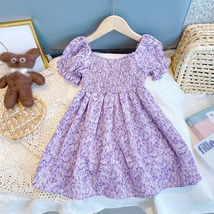 Summer 0-6T Baby Girl Vacation Style Bubble Sleeves Sweet Princess Skirt Flower Print Dress For Girls