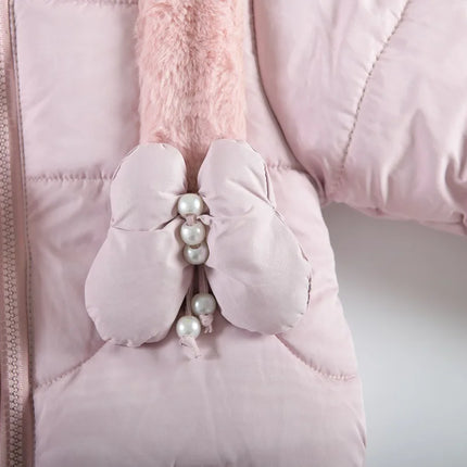 1 2 3 4 Years Baby Girls Jacket Winter New Solid Color Butterfly Decoration Lining Plush Warm Hooded Zipper Down Cotton Outwear