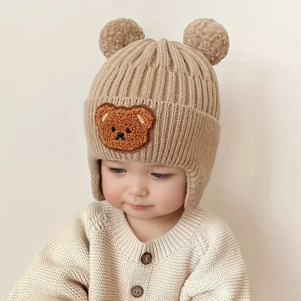 Winter Baby Beanie Cartoon Bear Ear Protection Knitted Hat, Suitable for Toddling Boys and Girls