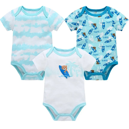 3 Pcs/set Baby Boy Clothes Summer 100%Cotton Blue Grey Tie Print Three Piece Short Sleeve Bodysuit vetements bebe For 0-12M