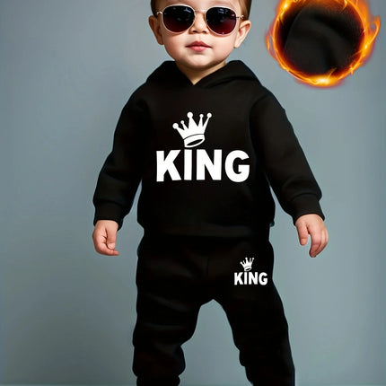Baby Boy KING Crown Pattern Fleece Hoodie+Casual Pants Two Piece Set Spring and Autumn Sportswear