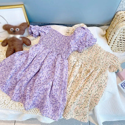 Summer 0-6T Baby Girl Vacation Style Bubble Sleeves Sweet Princess Skirt Flower Print Dress For Girls