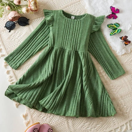 Baby Girl Button Front Solid Rib Knit Long-sleeve Dress Soft and Comfortable Perfect for Outings Daily Casual Wear Kids Clothes