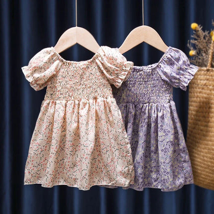 Summer 0-6T Baby Girl Vacation Style Bubble Sleeves Sweet Princess Skirt Flower Print Dress For Girls