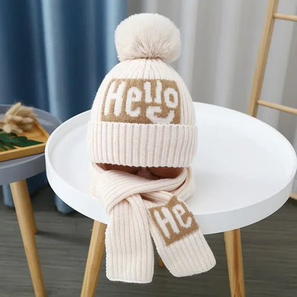 2Pcs/Set Children's Hat and Scarf Set for Boys and Girls Winter Warmth Cotton Lining Wool Knit Hats Baby Two-Piece Hat Set