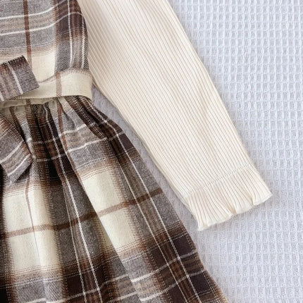 Korean Version Long Sleeved Shirt Fake Two-piece with Belt+Print Hat Outfits 3-7 Years Old Autumn New Plaid Girls Casual Dresses