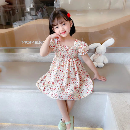 Summer 0-6T Baby Girl Vacation Style Bubble Sleeves Sweet Princess Skirt Flower Print Dress For Girls