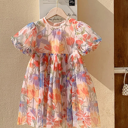 2025 Summer Kids Clothes Puff Sleeve Flower Print Dress For Girls Mesh Kids Dress for Girl