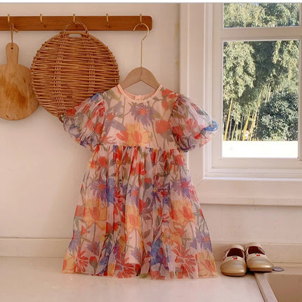 2025 Summer Kids Clothes Puff Sleeve Flower Print Dress For Girls Mesh Kids Dress for Girl
